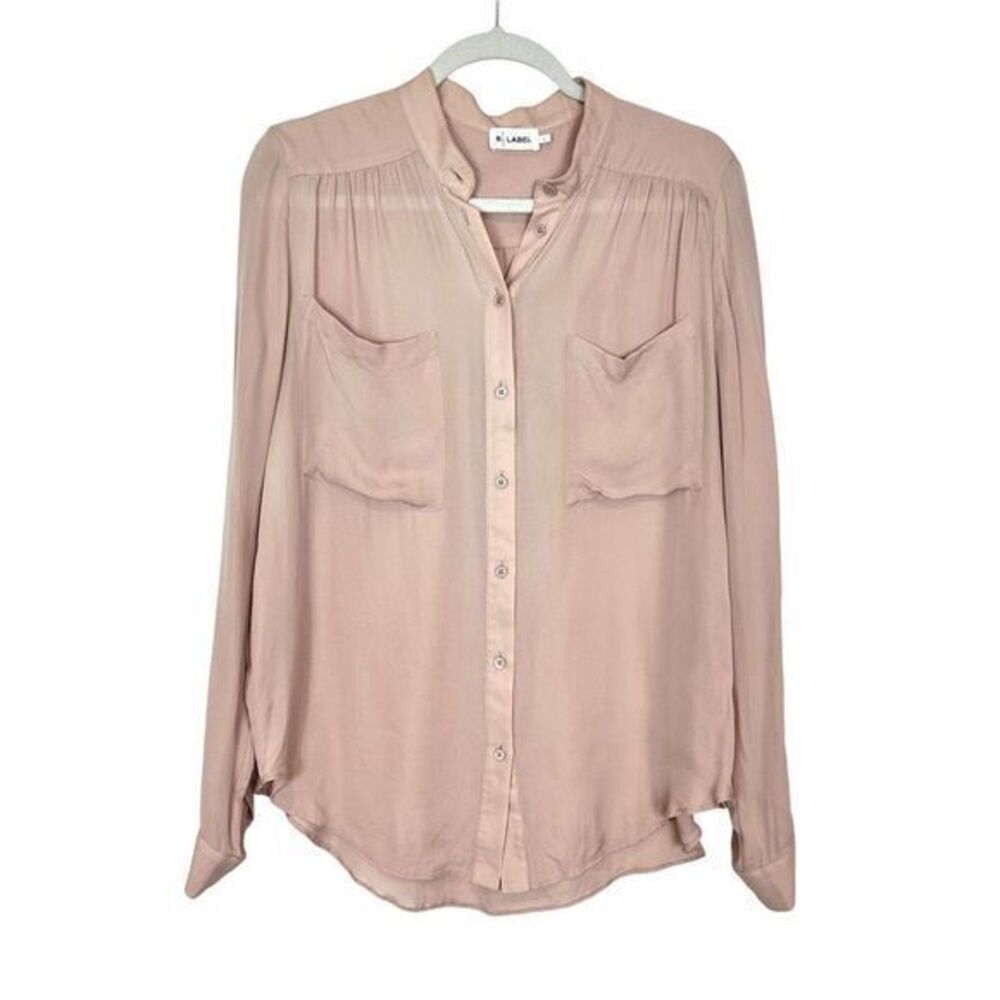 R Label Silk Blouse Women Large Pink Tan Long Sleeve Button Up Pocket Shirt Flaw